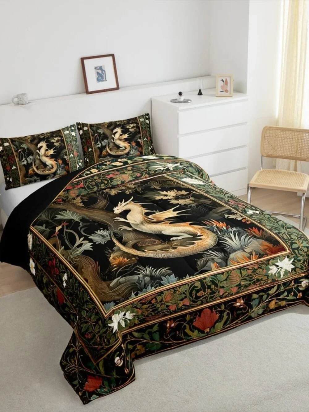 Western Dragon Comforter Set for Kids Country Style Flowers Leaves Bedding Set T